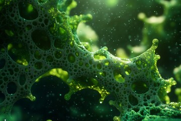 Aufkleber - Exploring intricate green cellular structures under microscopic views in a vivid underwater ecosystem