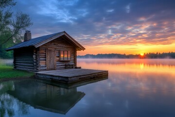 Poster - Cozy log cabin by the tranquil lake at sunrise surrounded by nature's beauty and colorful skies