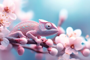 Aufkleber - Chameleon perched on a branch surrounded by delicate pink blossoms in a serene natural setting