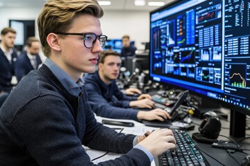 Poster - a concentrated young professional analyzes market trends on a large monitor, surrounded by colleague