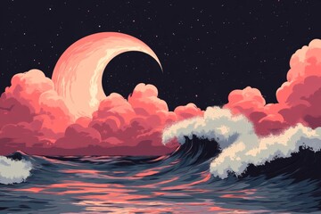 Poster - Surreal moonlit night over ocean waves with vibrant clouds and starry sky
