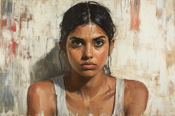 Aufkleber - Portrait of a young woman with expressive features and captivating gaze in a textured background