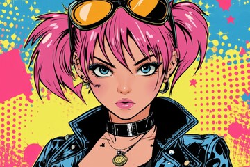 Aufkleber - Vibrant digital artwork featuring a punk-inspired female character with pink hair in an urban setting