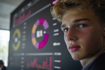 Poster - a young man analyzing financial data and charts on a large monitor, focused on investment strategies