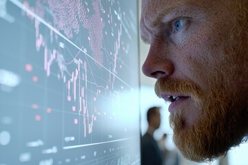 Poster - intense ginger-haired analyst scrutinizing real-time stock market data on a screen, focusing on fina