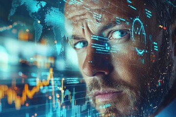 Poster - intense gaze of a man analyzing digital financial data, with world map and stock charts projected on