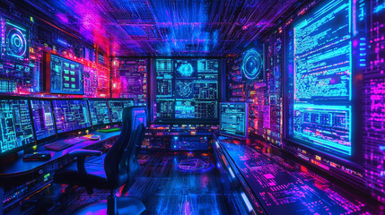 Poster - Cyberpunk style futuristic room with neon lights and multiple monitors displaying complex code and data