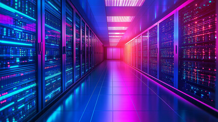 Poster - Vibrant pink and blue neon lit server room data center cyber lights future modern energy system