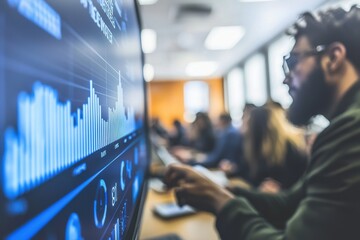 Poster - a dynamic presentation of financial data and analytics in a conference room, showcasing business ins