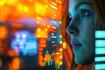 Poster - a focused woman analyzes financial data displayed on a screen with vibrant orange, blue, and green h