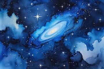 Wall Mural - vibrant blue watercolor galactic background with stars and cosmic elements