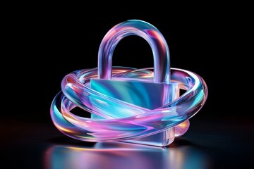 Poster - Vivid Neon Blue Holographic Padlock Surrounded by Shimmering Light Effects on Dark Background