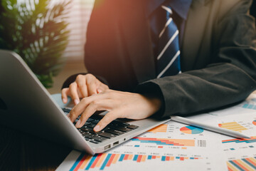 Poster - business professional analyzing financial data on laptop in office environment with reports, busines