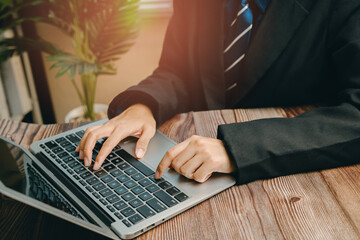 Poster - Business Person Working on Laptop at Modern Office Desk with Green Plant in Background, Business concept