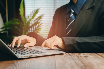 Poster - Professional Man in Suit Working on Laptop at Desk with Green Plants in Bright Office Environment, Business concept