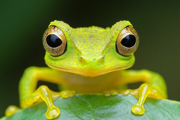 Poster - Bright green frog sits on a leaf with prominent eyes in a lush environment
