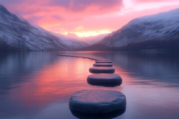 Aufkleber - Stones create a pathway across a tranquil lake at sunset, surrounded by snow-covered mountains