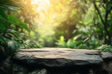 Poster - Serene rock surface in a lush green forest during a tranquil sunset