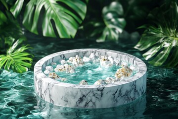 Poster - Luxurious marble hot tub surrounded by lush greenery in a tranquil oasis setting