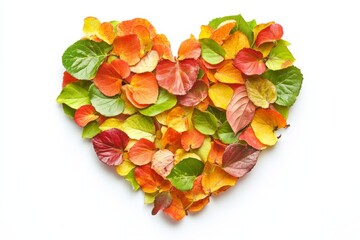 Poster - Colorful autumn leaves arranged in a heart shape on a white surface for a seasonal decoration or craft project