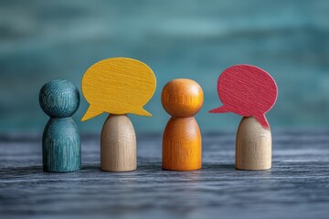 Poster - Colorful wooden figures engaging in conversation with speech bubbles on a textured background