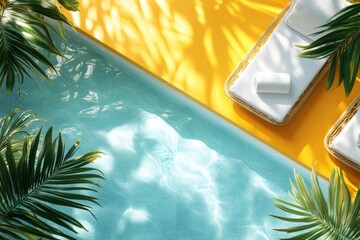 Poster - Bright tropical oasis with swimming pool and lounge chairs surrounded by lush greenery in sunny weather