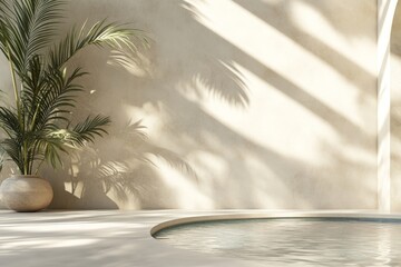 Poster - Relaxing outdoor space with a circular pool and palm leaves casting shadows on a light wall