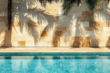 Poster - Tranquil poolside with serene blue water and palm shadows in a tropical setting during daylight hours