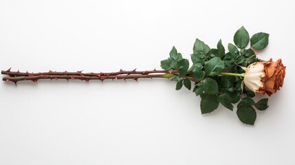 Poster - Striking image of a single rose with thorned stem highlighting its unique beauty and fragility on a pure white background