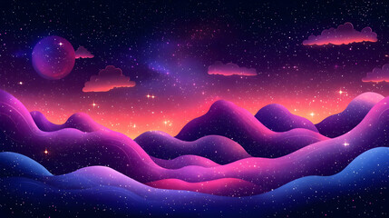 Wall Mural - Playful Cosmic Landscape: Vibrant Purple Pink Blue Mountains Under a Starry Night Sky