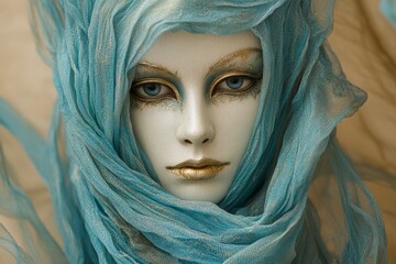 Poster - Stunning art piece featuring a mannequin adorned in blue fabric with captivating makeup and a serene expression