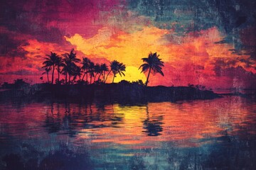 Aufkleber - Vibrant sunset over an island with palm trees reflecting in calm waters