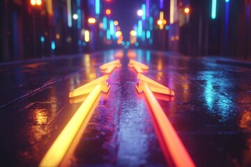 Poster - Colorful neon arrows guide through a rain-soaked street in a vibrant urban setting at night
