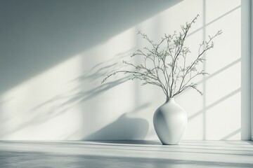 Aufkleber - Minimalist interior with a white vase and delicate branches casting soft shadows in natural light