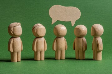 Poster - Group of wooden figures engaging in conversation against a green background with a speech bubble above