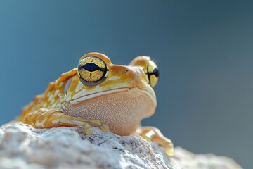 Poster - Colorful frog resting on a rock with striking eyes in a natural setting during the day