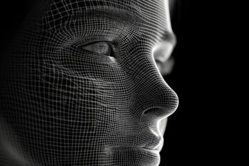Poster - Digital wireframe portrait of a human face highlighting facial features and contours in a minimalist style with a black background