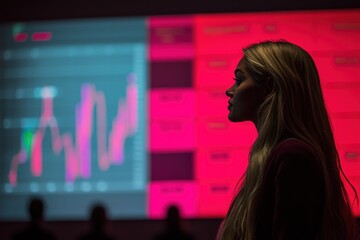 Poster - a young woman is analyzing financial data on a screen with red and blue graphs, as she looks in a pr