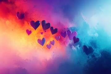 Aufkleber - Vibrant hearts floating in a colorful abstract backdrop during a romantic atmosphere