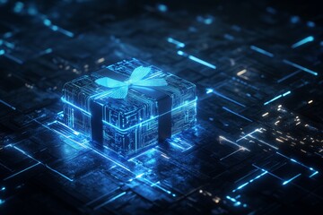 Poster - Gift box illuminated with futuristic design in a digital environment during nighttime