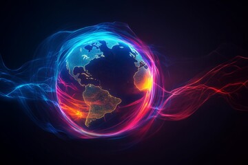 Aufkleber - Glowing planet earth surrounded by colorful energy waves in a dark space environment