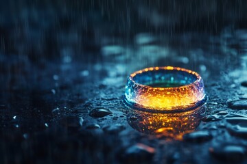 Aufkleber - Colorful ring resting in raindrops on a dark surface during a rainy evening in a serene setting