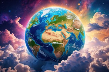 Wall Mural - colorful earth globe enveloped by clouds in a vibrant cosmic scene