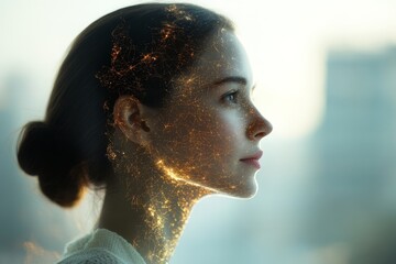 Poster - Woman with glowing neural connections looking out over a cityscape at dawn
