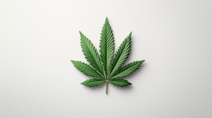 Poster - Striking marijuana leaf isolated on a clean white background emphasizing its rich green color and unique leaf structure