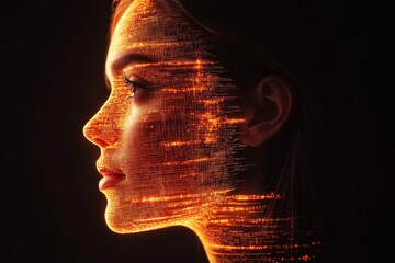 Aufkleber - Dynamic patterns illuminate the profile of a young woman against a dark background
