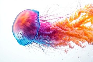 Aufkleber - Vivid jellyfish gracefully swims through clear waters with colorful tentacles in vibrant hues of blue, pink, and orange
