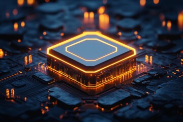 Fototapete - Illuminated microprocessor on a dark circuit board with glowing patterns at night