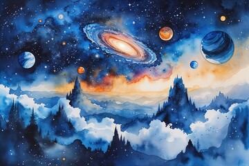 Wall Mural - ethereal watercolor universe panorama with enchanting galaxy and cobalt celestial bodies
