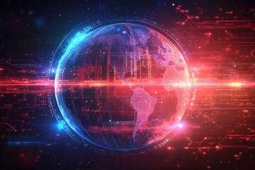 Aufkleber - Digital globe visualization with vibrant red and blue light patterns showcasing global data dynamics